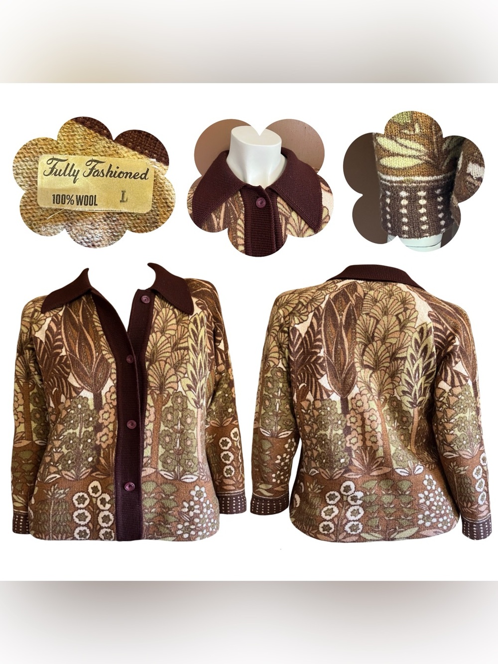 Genuine 1970s Vintage 100% Wool Botanic Tapestry Button Knit Cardigan Sweater